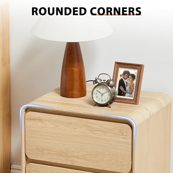 AVZEAR Small Night Stand with 2 Drawers, Mid Century Modern Nightstands with Solid Wood Legs, 2 Drawer Dresser Curved Profile Design End Table Side Table for Small Space, Dorm, Bedroom((Natural)
