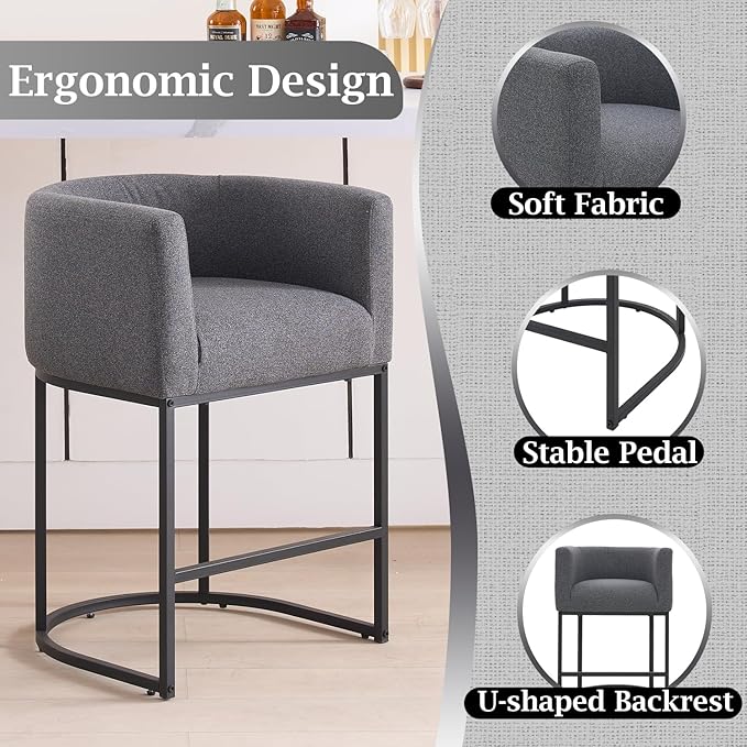 ClinQ 26" H Counter Height Bar Stools Set of 4, Modern Barrel Counter Stools with Backrest and Arms, Black Metal Frames, Linen Fabric Upholstered Accent Barstools for Kitchen Island, Carbon Gray