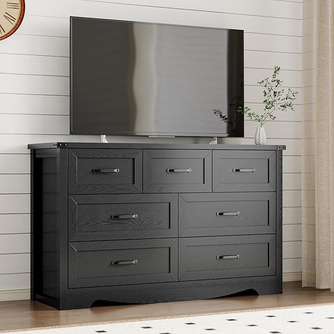 BORNOON 7-Drawer Dresser for Bedroom, Modern Wooden Chest of Drawers with Metal Handles, Anti-Tipping Design, Sturdy and Stable Storage Organizer for Living Room, Entryway, Home Office