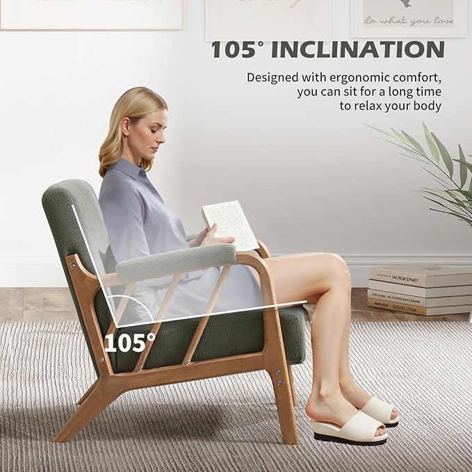INZOY Mid Century Modern Accent Chair with Wood Frame, Upholstered Reading Armchair with Soft Corduroy Fabric, Accent Chair for Living Room Bedroom Apartment, Easy Assembly, Green