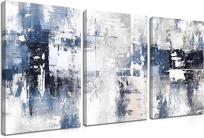 Abstract Blue and White Wall Art Set of 3, Modern Simple Navy Framed Canvas Prints Poster, Gray Painting Picture for Living Room, Bedroom, Office Wall Decor 16x24 Inch