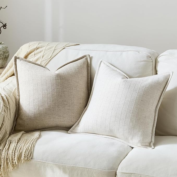 DEZENE 26x26 Linen Euro Sham Pillow Covers Beige Pack of 2 Farmhouse Boho Neutral Accents Striped Textured Square Decorative Throw Pillow Cases for Living Room Couch Bed Home Decor