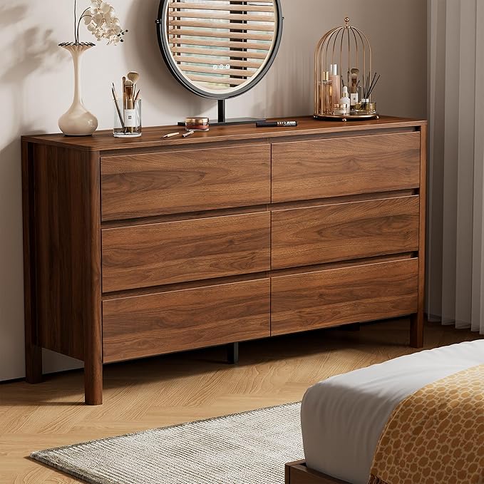 Furniway 55" Mid-Century Modern Dresser for Bedroom, 6 Drawer Wide Chest of Drawers with Solid Wood Legs, Large Storage Bedroom Dresser, Walnut