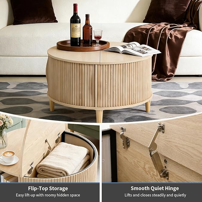 DUMOS Coffee Table, Round Coffee Tables with Storage, Fluted Center Table for Living Room, 31.69" Mid Century Modern Table with Sliding Cabinet Door, 2-Tier Rustic Wood Desktop, Wood