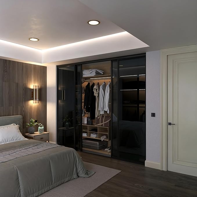 Door55 4 Panel Glass Sliding Closet Door with Aluminum Frame, Silent Glide Technology, Bedroom Closet Doors (Smoked Glass, 96x96)