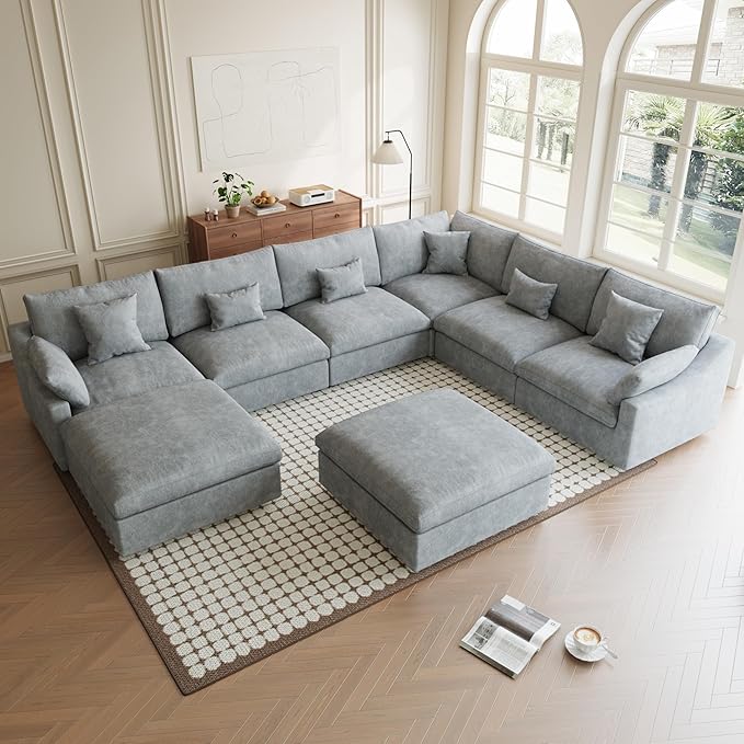 Modular Sectional Sofa Cloud Couch, Oversized 8 Seater Sofa with Ottomans, Extra Large U Shaped Deep Seat Sectional Couches for Living Room, Grey Sofa Covers Washable&Removable