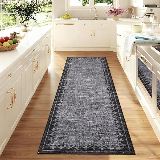 GarveeHome Modern Bordered Runner Rug 2x6 for Hallway Non Slip Low Pile Neutral Kitchen Runner Rugs Washable Bedroom Throw Carpet Geometric Cross Runners Mat for Living Room Nursery Laundry, Grey