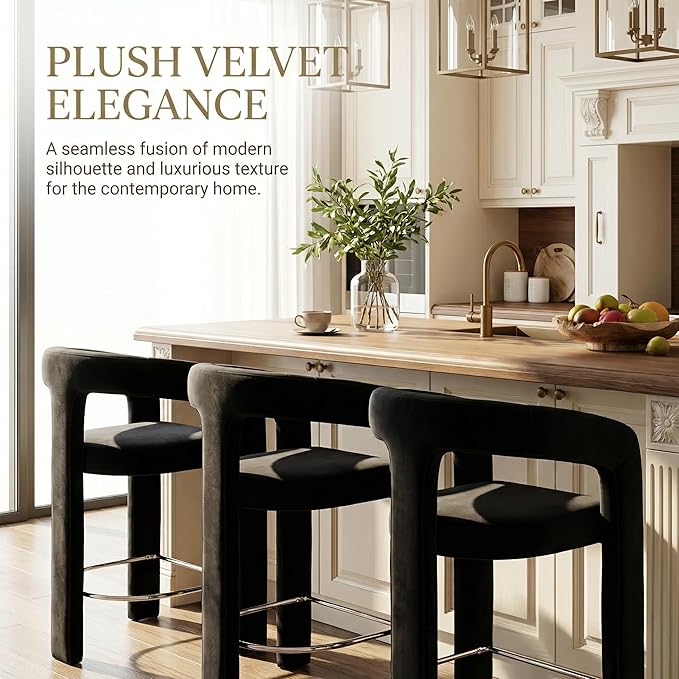 HNY 26 Inch Modern Tall Barrel Bar Stools Set of 4, Velvet Upholstered Barstools with Open Backs, Counter Height Bar Stools Chairs with Armrest for Kitchen Island, Black