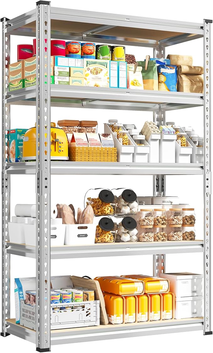 REIBII Storage Shelves, 5 Tier Adjustable Metal Garage Shelving, Storage Rack for Kitchen Storage, Basement, Garage, Pantry, Closet, Shop, Galvanized, 12" D x 28" W x 59.8" H，2020 lbs Total Capacity