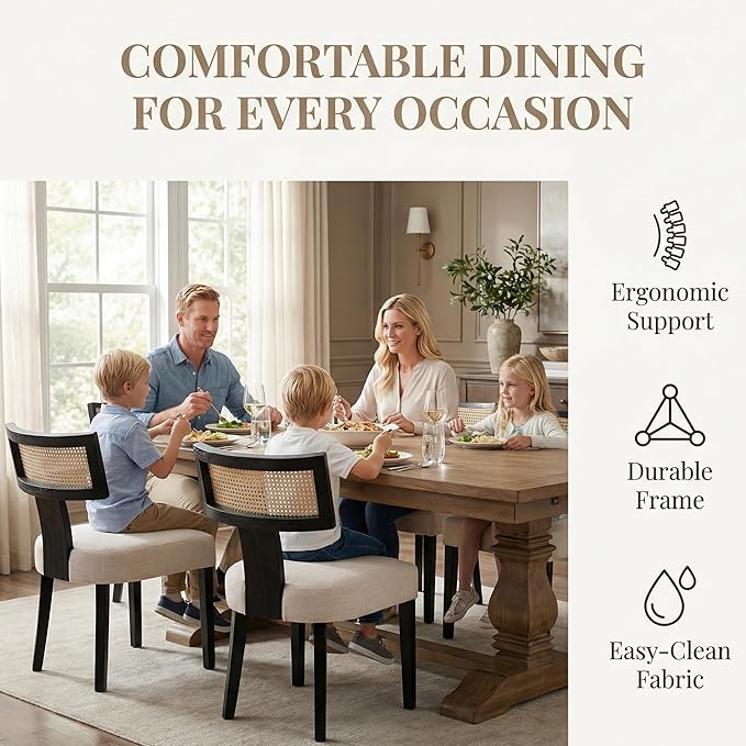 HNY Mid Century Modern Rattan Dining Chairs Set of 6, Farmhouse Linen Upholstered Accent Chair Curved Backrest Kitchen Chairs, with Black Hardwood Frame, Beige