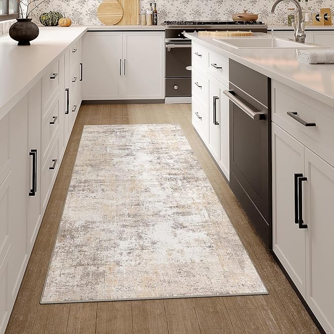 2x5 Washable Runner Rug Beige Grey Abstract Non Slip Soft Low Pile Hallway Kitchen Rug Neutral Modern Carpet for Laundry Bathroom Bedroom Living Room Home Decor