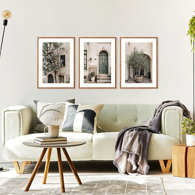 HPNIUB Vintage Italy City Landscape Framed Canvas Wall Art Set, Olive Green Tree Country Wall Decor, Modern Minimalist Countryside Villages Picture for Living Room,Office(Set of 3,12X16 Inch)