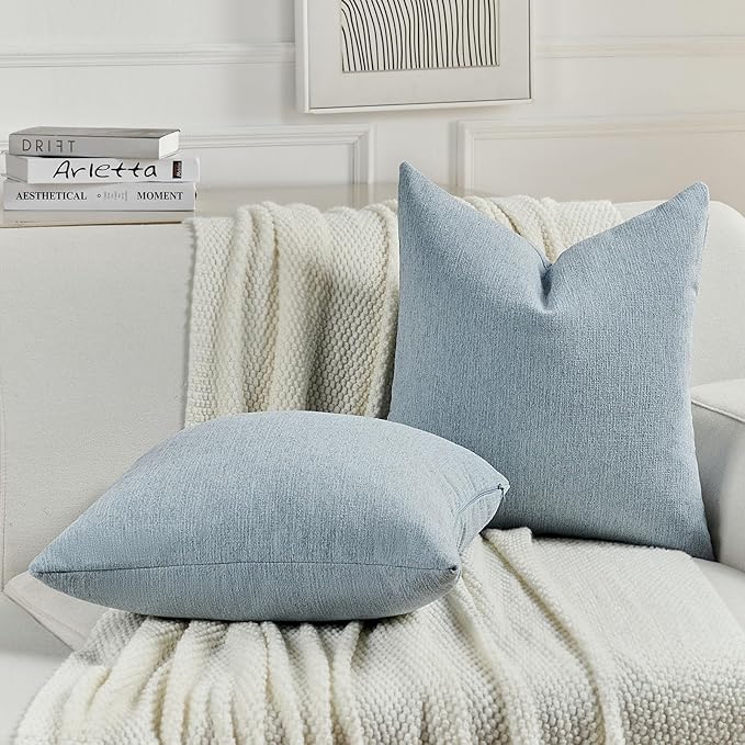 FUTEI Denim Blue Chenille Decorative Throw Pillow Covers 20x20 Inch Set of 2,Soft Cozy Faux Linen Textured Cushion Case,Farmhouse Home Decor for Couch Living Room