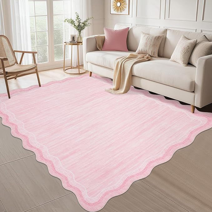 Garvee Scalloped 9x12 Area Rugs for Living Room Large Washable Rugs,Neutral Solid Rug Stain Resistant Non Slip Floor Mat Carpet Indoor Accent Rug for Bedroom Dining Room Playroom Home Decor,Pink