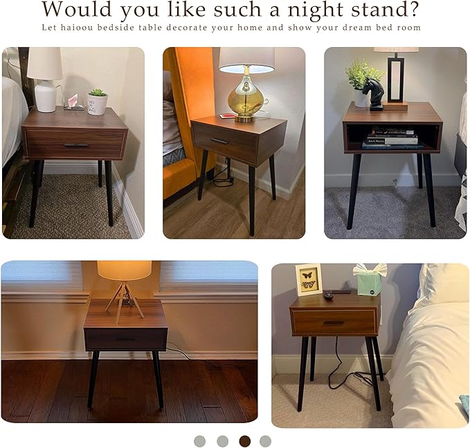 HAIOOU Nightstands Set of 2, Mid Century Modern Night Stand with Charging Station, End Table with Storage Drawer Premium Matte Black Handle,Side Table with Pine Wood Legs for Home Bedroom Living Room