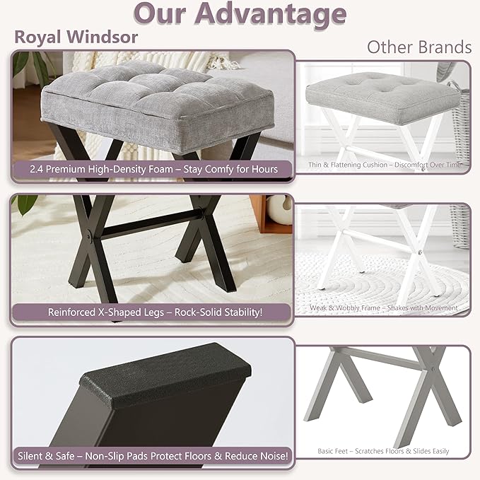 Royal Windsor Vanity Stool,Square Ottoman Stool Foot Rest,Upholstered Vanity Chair Foot Stool with Metal X Legs, Small Vanity seat for Entryway,Bedroom and Living Room,Linen Light Grey
