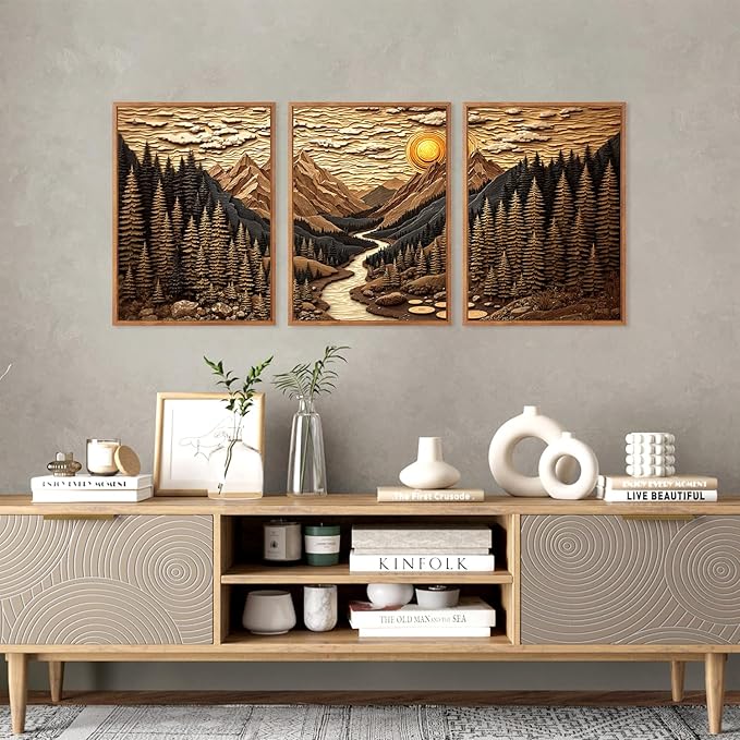 HPINUB Abstract Landscape Mountain Canvas Wall Art Set, Vibrant Sun Forest Pine Tree Wall Decor, Wilderness Nature River Rustic Scenery Art Print for Living Room,Bedroom,Office(Set of 3,12X16 Inch)