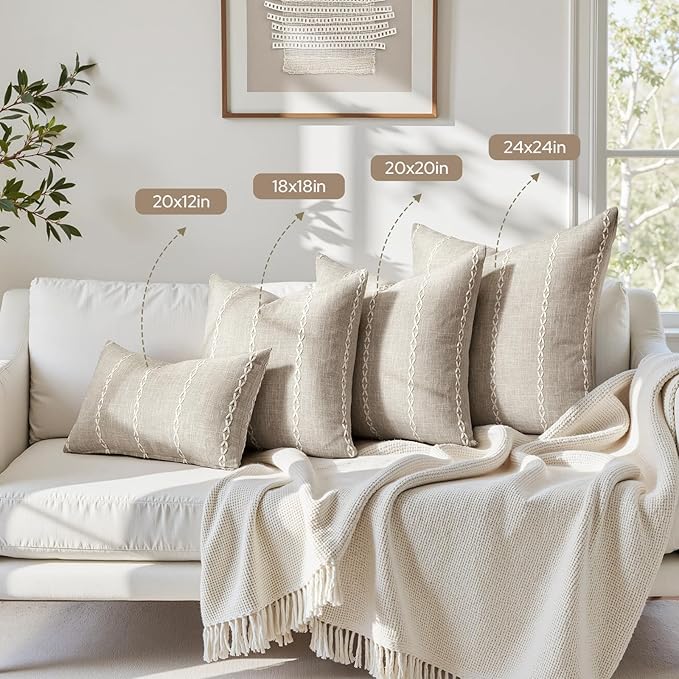 HOMEIDEAS Decorative Striped Throw Pillow Covers 20x12 Set of 2, Tan Farmhouse Pillow Covers, Neutral Faux Linen Cushion Covers for Couch Sofa Bed Home Decor