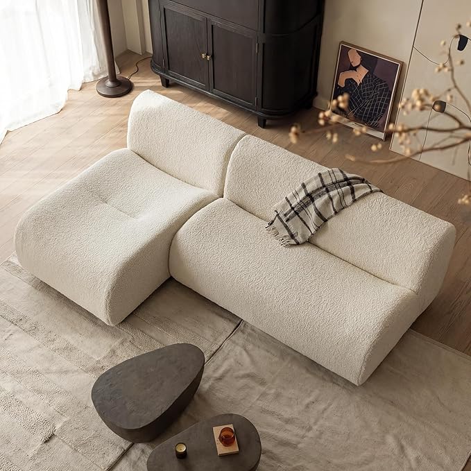Boneless 3 Seater Sofa with Chaise, 92" Modular Sectional Couch, Reversible L-Shaped Couches with Deep Seat, White Curved Sherpa Sofas for Small Living Room, Bedroom, Apartment– No Assembly