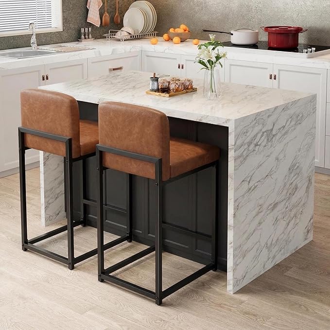 GarveeHome Bar Stools Set of 6, Modern Counter Height Bar Stools with Back and Footrest, Faux Leather Upholstered Barstools Chairs for Kitchen Island Dining Room Bar, Brown