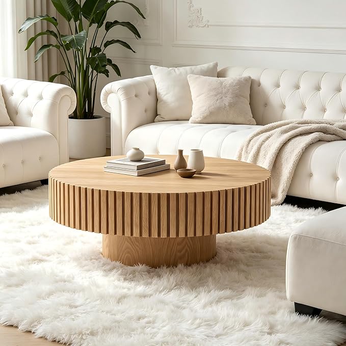KEVINSPACE Round Coffee Table, 39" Big Wooden Fluted Coffee Table with Fluted Base, Circle Accent Center Table for Living Room Apartment Office Small Space, Easy Assembly, Wood