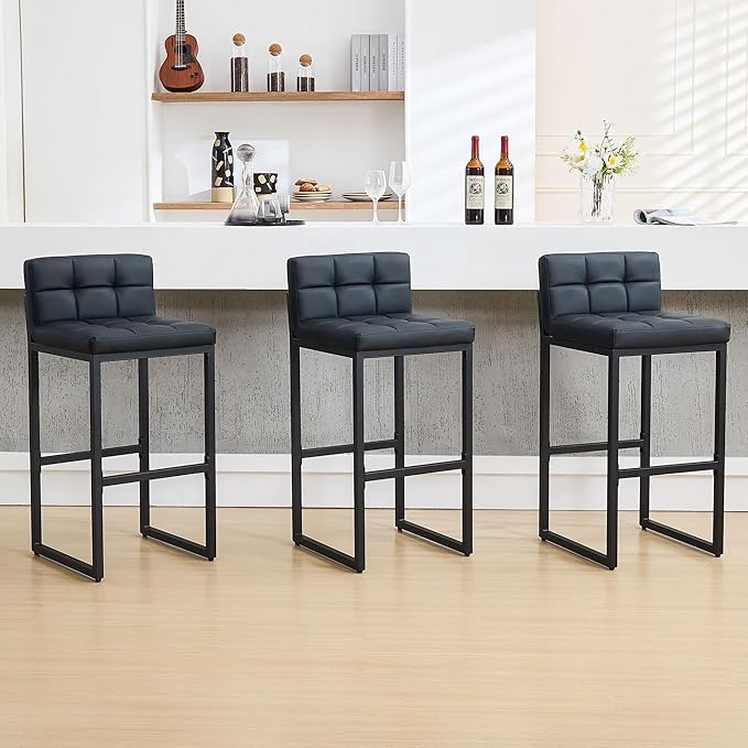 FIRAVOE Bar Stools Set of 3, PU Leather Bar Height Barstools, 30" High Top Bar Stools with Back and Thickened Metal Legs, Upholstered Island Chairs for Kitchen Island (Black, 3Pcs 30" Bar Stools)