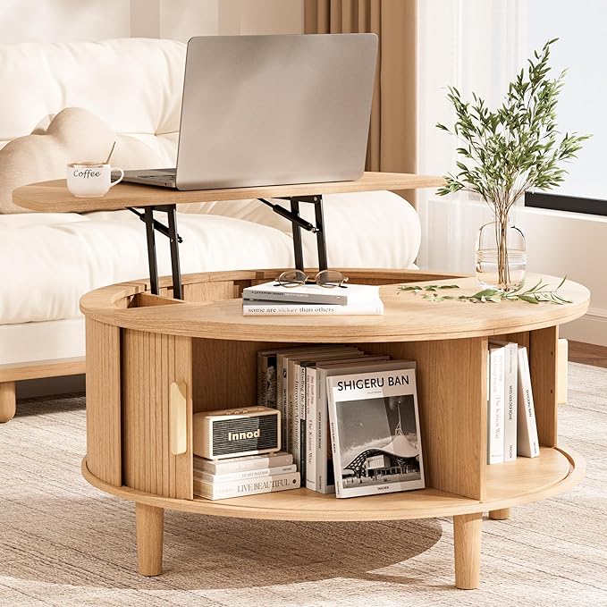 INNOD Round Coffee Table Lift Top with Storage, Fluted Drum Coffee Table for Living Room, Mid Century Modern Oak Wood Round Coffee Table with Sliding Tambour Door, Center Table (Boho Light Oak)