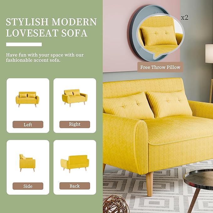 Vongrasig 48" Small Modern Loveseat Sofa, Mid Century Soft Corduroy Fabric 2-Seat Sofa Couch Tufted Love Seat with Back Cushions and Tapered Legs for Living Room, Bedroom and Small Space (Yellow)