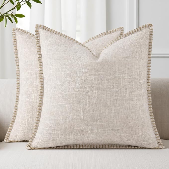 decorUhome Summer Decorative Throw Pillow Covers 24x24 Set of 2 Square Faux Linen Outdoor Neutral Farmhouse Euro Sham Pillow Covers with Stitched Edge for Couch Sofa Living Room, Beige