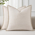 decorUhome Summer Decorative Throw Pillow Covers 20x20 Set of 2 Square Faux Linen Outdoor Neutral Farmhouse Pillow Covers with Stitched Edge for Couch Sofa Living Room, Beige