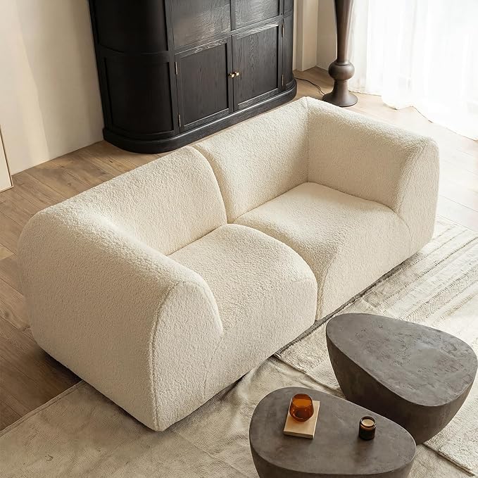 Curved Single Sofa Corner Chair, 38" Boneless Sherpa Couch, Comfy Teddy sofas for Small Spaces, Modern Sectional Modular Couches for Living Room, Bedroom, Apartment, Dorm, Office– No Assembly, White