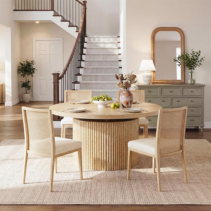 HUAHUU Extendable Round Dining Table for 4-8, 39in-77in Long Large Kitchen Table with Fluted Base, Space Saving Modern Farmhouse Oval Dinner Tables for Dining Room, Kitchen, Living Room, Natural