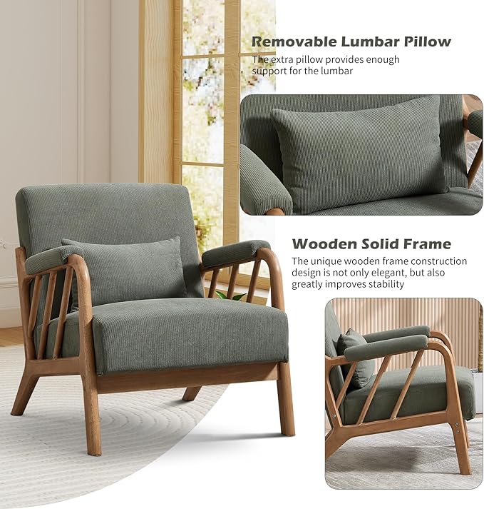 IOMOR Mid Century Modern Accent Chair with Solid Wood Frame, Upholstered Living Room Chairs with Lumbar Cushion Padded Arms, Reading Armchair for Bedroom (2, Olive Green)