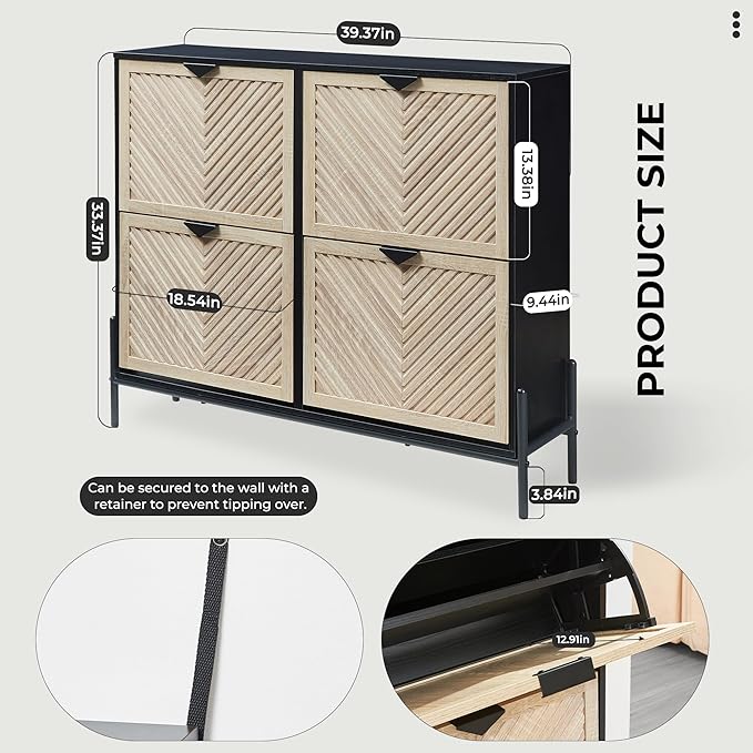 Shoe Cabinet Storage with 4 Flip Drawers, Narrow Hidden Shoes Organizer Cabinet for Entryway, Freestanding Slim Shoe Rack Front Door Entrance(Oak&Black)