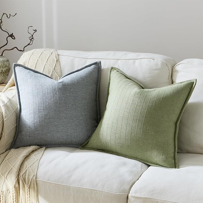 DEZENE 18x18 Linen Pillow Covers Steel Blue Pack of 2 Farmhouse Boho Neutral Accents Striped Textured Square Decorative Throw Pillow Cases for Living Room Couch Bed Home Decor