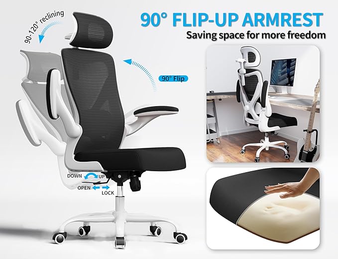 Ergalithic Ergonomic Office Chair - Computer Desk Chair with Adjustable Lumbar Support - 300lbs Executive Desk Chair High Back with Headrest Flip-Up Arms for Long Hours, Rolling Chair (White Black)