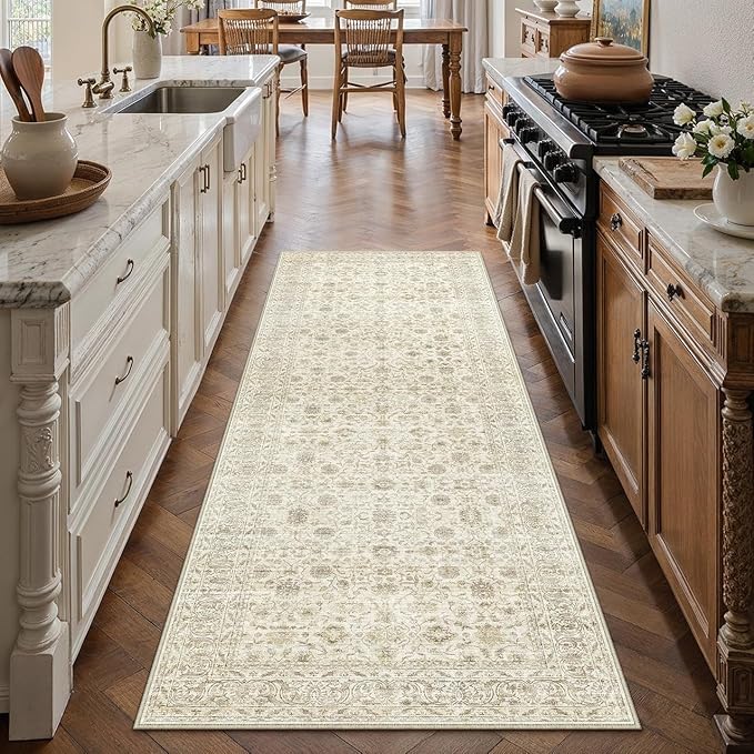 PureCozy 2x6 Runner Rug Non Slip Machine Washable Hallway Kitchen Vintage Distressed Carpet Indoor Small Long Low Pile Thin Beige Bedroom Bathroom Retro Accent Throw Rug Laundry Living Room