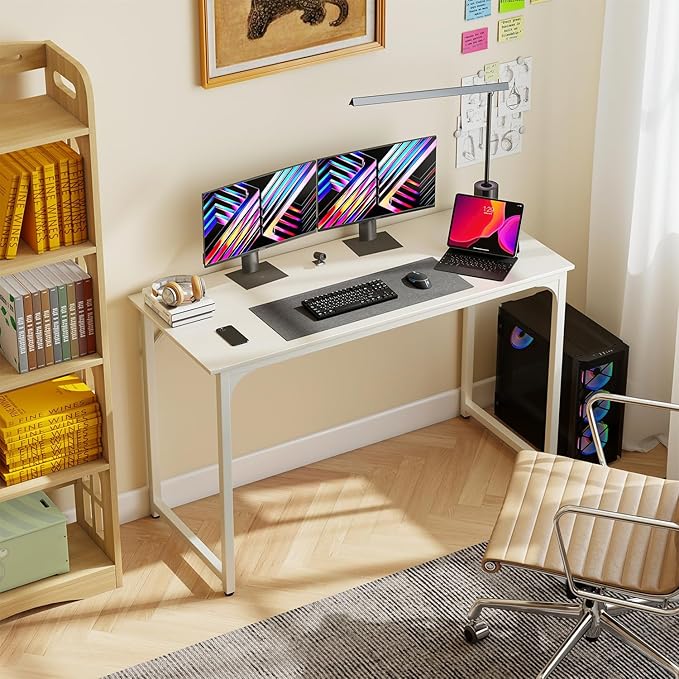 PayLessHere | 47 Inch Computer Desk | White | Office Desk with Metal Frame, Adjustable Feet | Water-Resistant, Scratchproof Surface | Sturdy Writing Table for Home Office or Study | Pack of 1