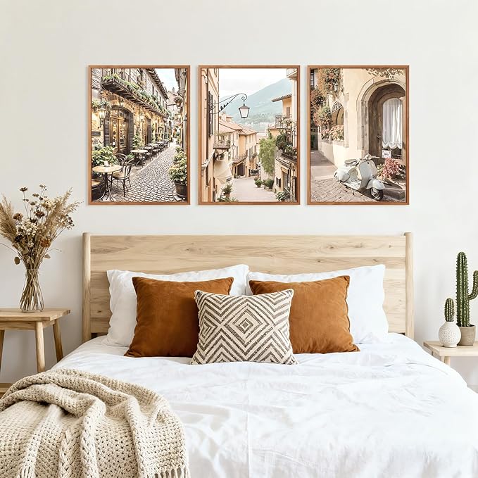 HPINUB Foreign Scenery Framed Canvas Wall Art Set, (Set of 3,12X16 Inch) Vintage Travel City Wall Decor,Modern Minimalist Europe Street Picture Nature Landscape Art Print for Living Room,Bedroom