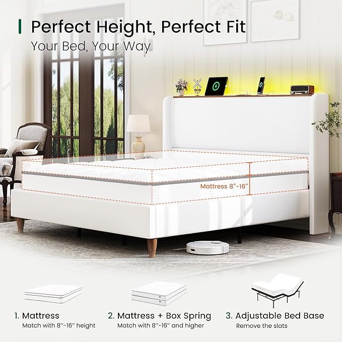 LARMACE King Size Bed Frame with LED Lights and Charging Station Linen Upholstered Platform Bed Frame with 51.2" Tall Wingback Headboard and Storage Shelf, No Box Spring Needed, Easy Assembly, White