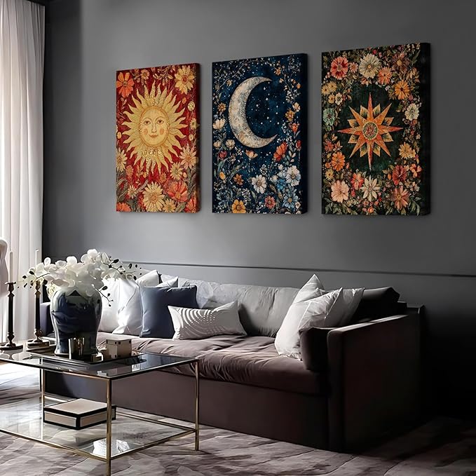 Moon Sun Star Celestial Wall Art Tarot Card Vintage Poster Decor Gothic Witchy Aesthetic Canvas Wall Art Flower Mystical Astrology Painting Dark Academia Poster for Bedroom 12x16x3 Inch Wrapped Canvas