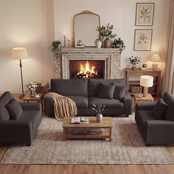 DOPEDIO Modern Living Room Sofa Set, 88.58" Chenille Loveseat with 2 Accent Chairs, Removable Covers, Spring Cushions, Solid Wood Frame, Easy Assembly（88.58inch+2 Single,Dark Grey）