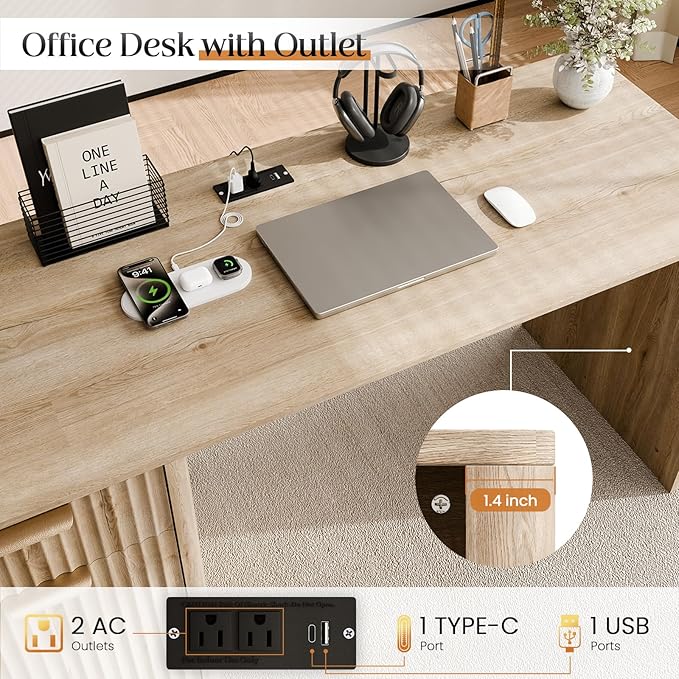 60" Fluted Home Office Desks with Storage, Modern Executive Desk Computer Desk with Drawer & Cabinet, Wood Work Desk for Office, Bedroom, Study, Living Room, Oak