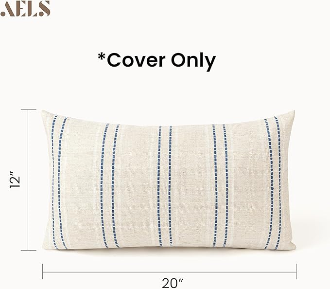 AELS 12x20 Decorative Farmhouse Linen Blend Throw Pillow Covers, Boho Textured Pillow Case, Set of 2, Beige with White & Navy Blue Stitch Yarn Dyed Stripe Cushion Cover for Living Room (Cover ONLY)