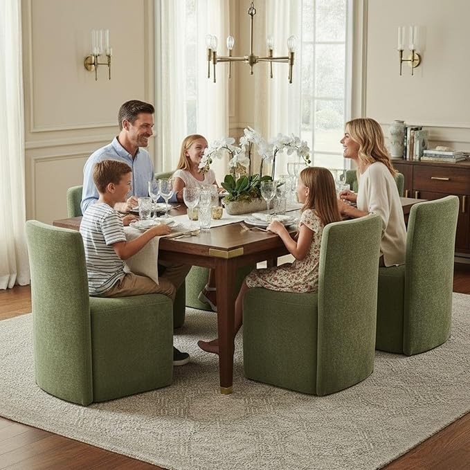 Hyfirm Upholstered Dining Chairs Set of 6, Mid-Century Scandinavian Parsons Armless Chairs with Plush Seat Cushion for Diningroom Bedroom Livingroom Reading Room，Green Fabric