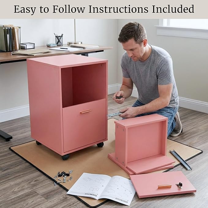 Lavish Home 2 Drawer File Cabinet - Filing Cabinet with Lock - Rolling File Cabinet for Under Desk Storage - Wood Filing Cabinet for Home or Office Organization (Pink)