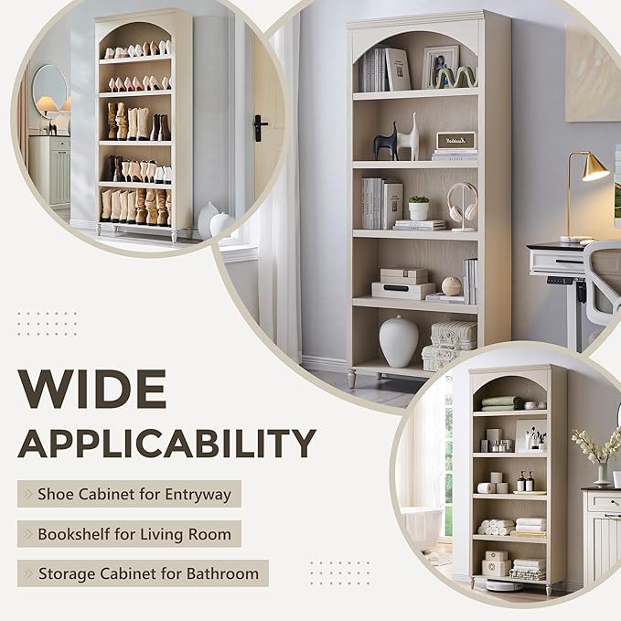IFGET 76" Tall Arched Bookcase, Farmhouse 5 Tiers Large Arched Bookshelf Cabinet with Adjustable Shelves, Modern Wooden Book Shelf w/Storage and Open Display Shelves for Living Room, Office-Cream