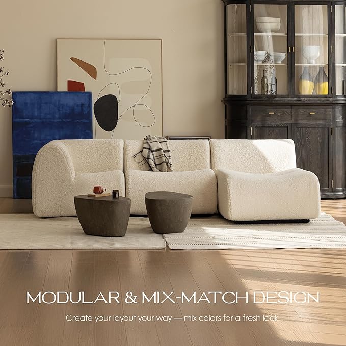 105" Curved Sectional Sofa with Chaise, Boneless 3 Seater Modular Couch, Reversible L-Shaped Couches with High-Density Foam, Modern Lounge Comfort Sherpa Sofas for Living Room – No Assembly, White
