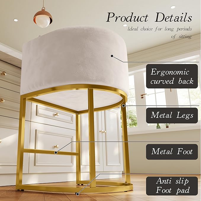 Modern Counter Height Bar Stools,Bar Stools Set of 3,Velvet Fabric Upholstered Barrel Barstools with Backs,26'' Kitchen Island Chairs,Metal Gold Frames,Beige White Velvet