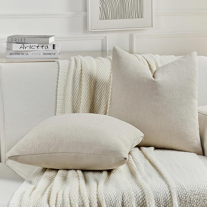 FUTEI Beige Chenille Decorative Throw Pillow Covers 22x22 Inch Set of 2,Soft Cozy Faux Linen Textured Cushion Case,Farmhouse Home Decor for Couch Living Room